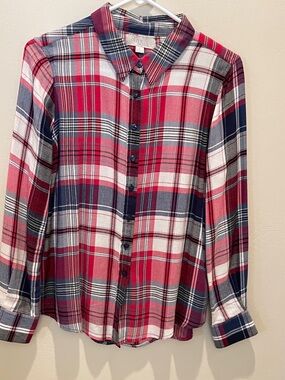 Olive & Oak Red Navy Plaid Button-Down Blouse
